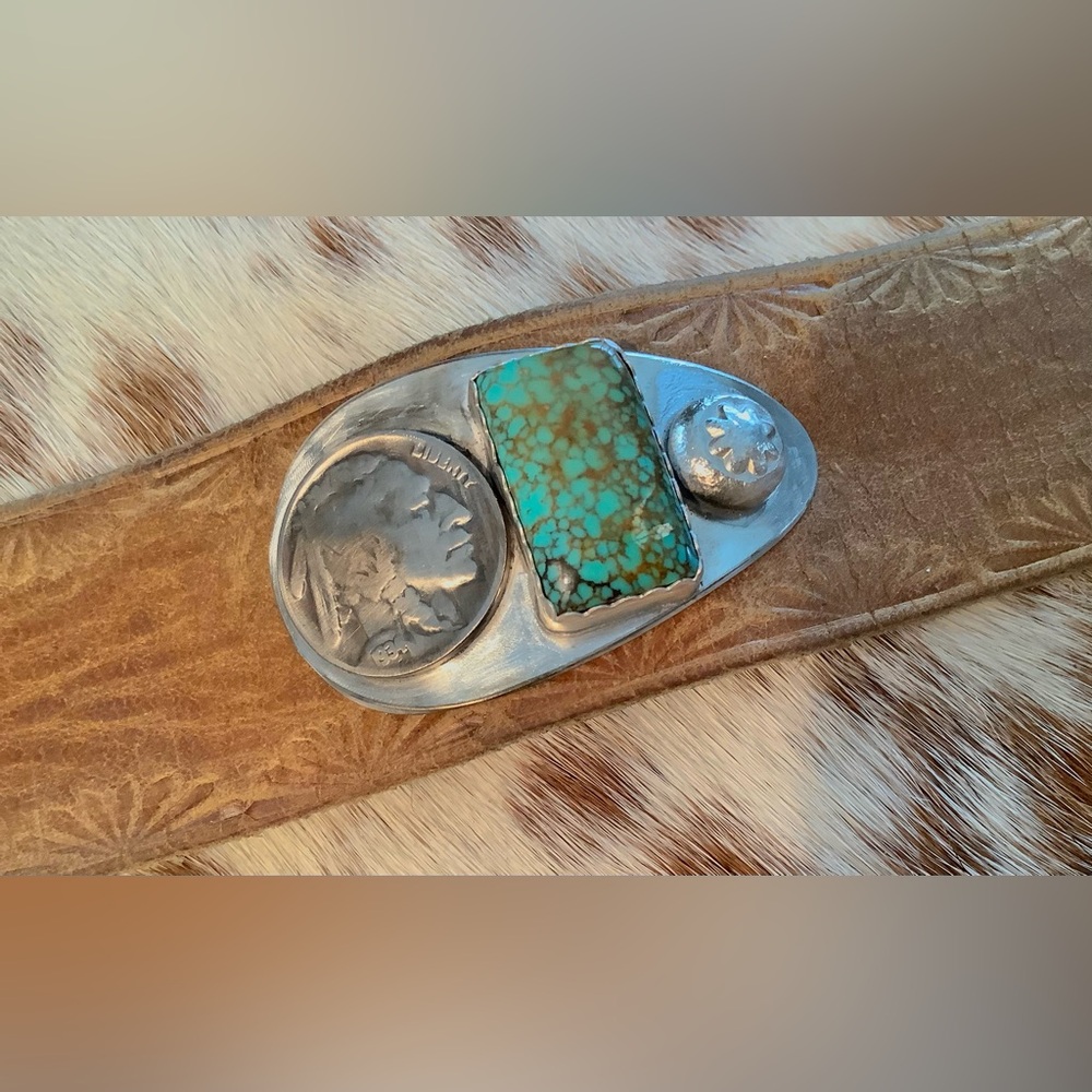 Leather/ turquoise cuff, up to 8” wrist